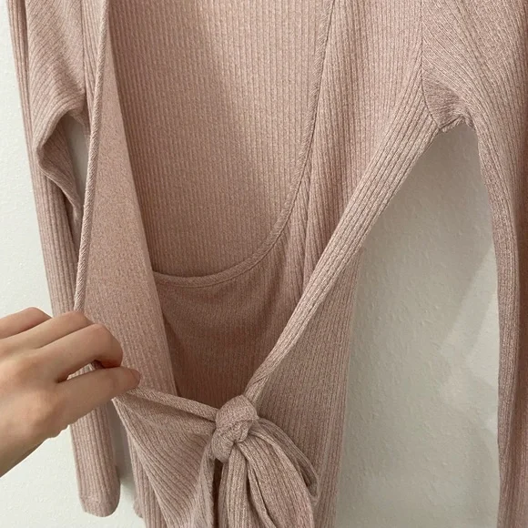 Balletcore Wrap Side Tie Long Sleeve Top | Bobeau Dusty Rose Pink Ribbed Sweater - Picture 6 of 16